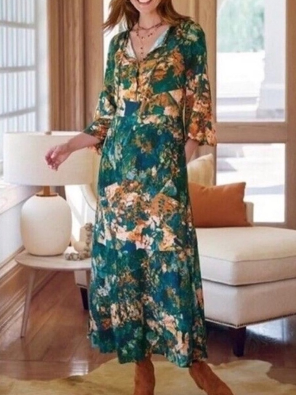 Soft Surroundings Teal Green Abstract Floral Maxi Dress Size Large